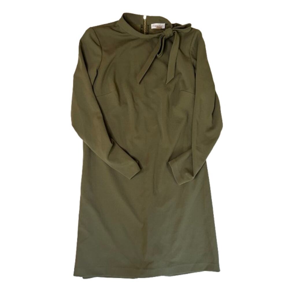 Calvin Klein olive green tie-front sheath long sleeve back zipper dress 8